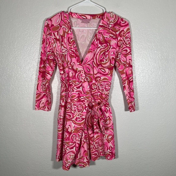 Lilly Pulitzer Karlie‎ Wrap Romper Large Mango Salsa Pink 3/4 Sleeve - Picture 2 of 5